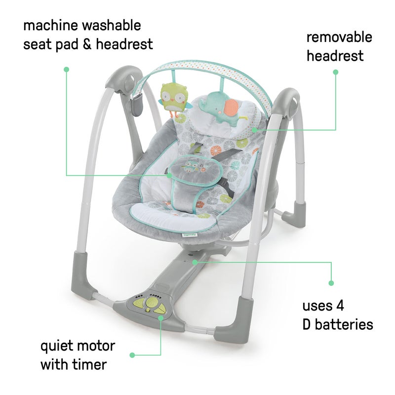 Ingenuity Swing 'n Go 5-Speed Baby Swing - Foldable, Portable, 2 Plush Toys & Sounds, 0-9 Months 6-20 lbs (Hugs & Hoots) - Image 2