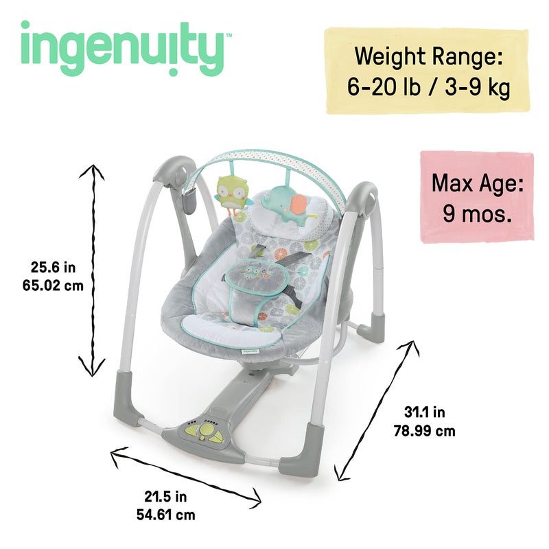 Ingenuity Swing 'n Go 5-Speed Baby Swing - Foldable, Portable, 2 Plush Toys & Sounds, 0-9 Months 6-20 lbs (Hugs & Hoots) - Image 5