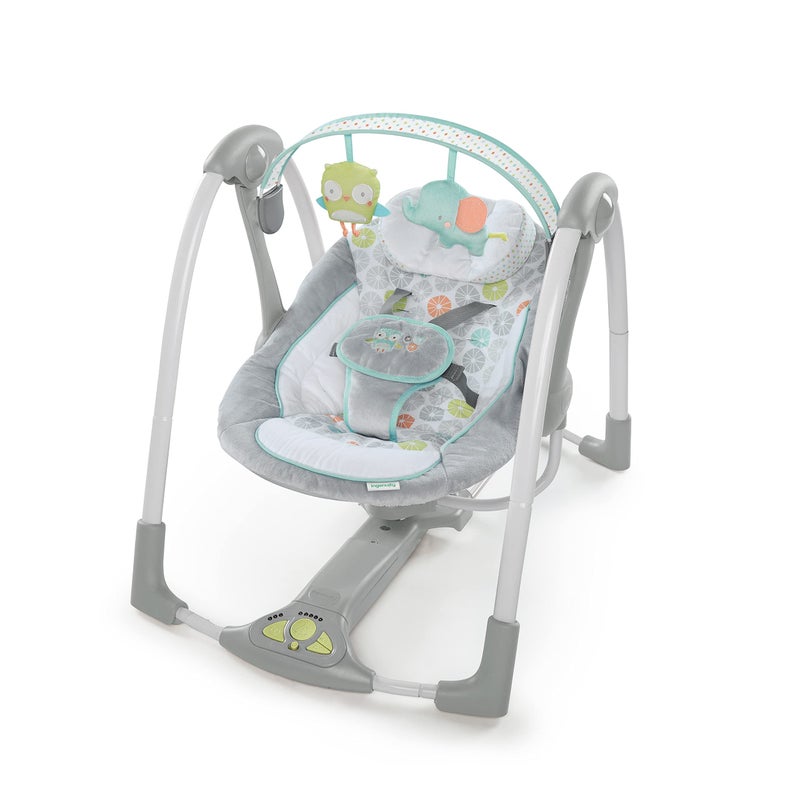 Ingenuity Swing 'n Go 5-Speed Baby Swing - Foldable, Portable, 2 Plush Toys & Sounds, 0-9 Months 6-20 lbs (Hugs & Hoots) - Image 1