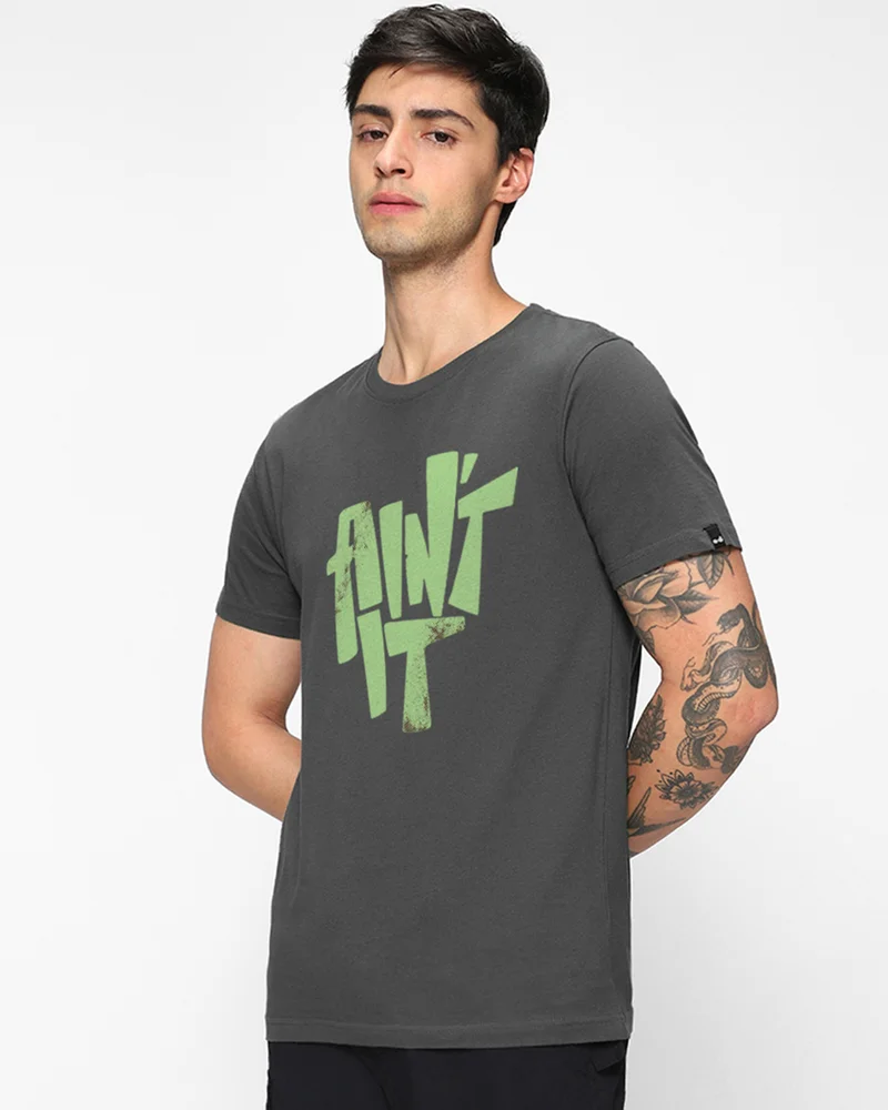 bewakoof Men's Dark Shadow Grey Aint It Typography T-shirt