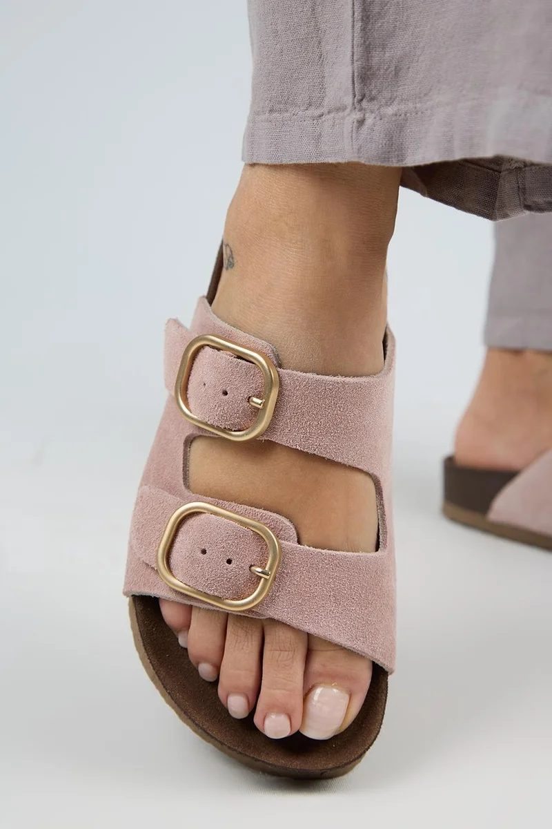 Manijero Manijero Jazmin Women's Genuine Leather Double Buckle Powder Pink Slippers