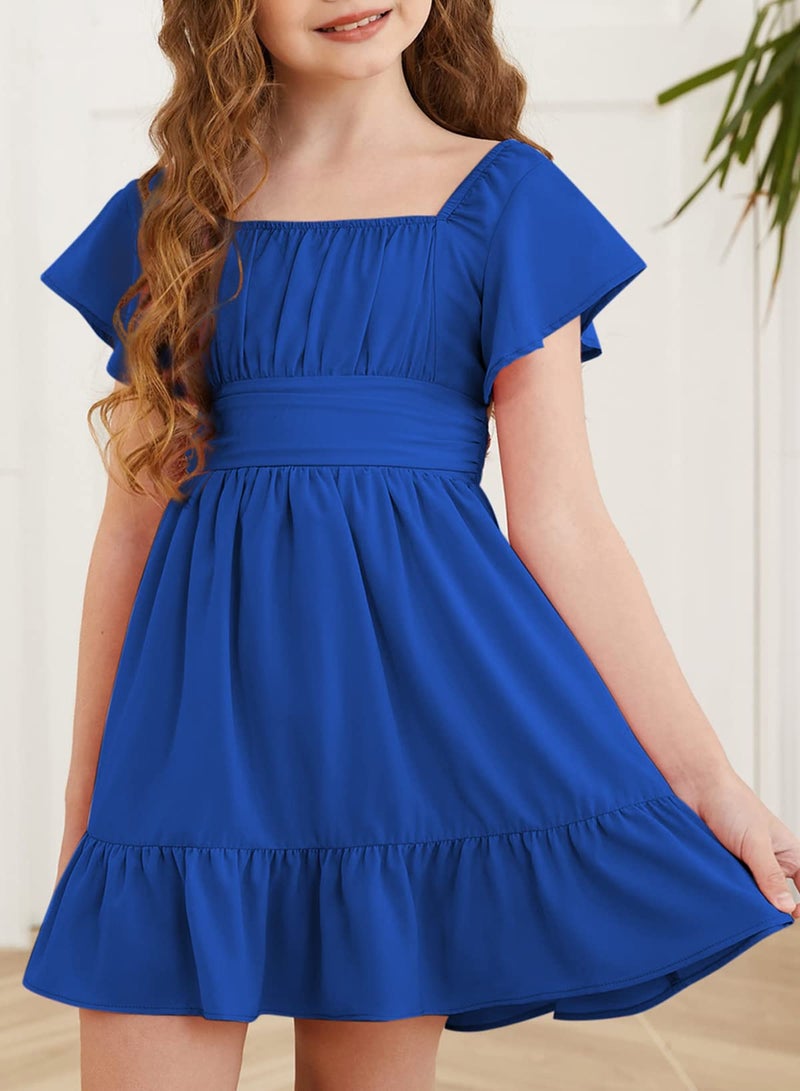 blibean Girls Summer Tie Back Dress Tween Kids Formal Boho Cold Shoulder Cute Dresses Ruffle Party Short Sleeve Clothing Vestidos Niñas Size 12-13 Years Old Royal Blue - Image 2