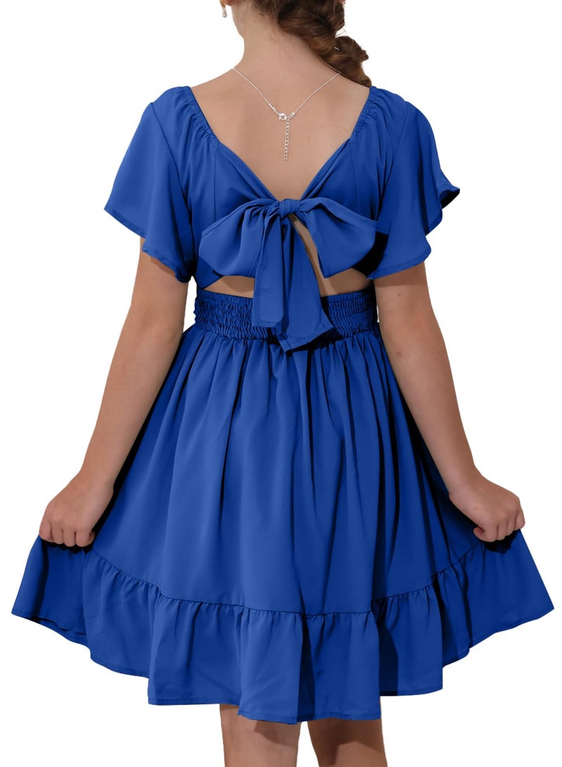 blibean Girls Summer Tie Back Dress Tween Kids Formal Boho Cold Shoulder Cute Dresses Ruffle Party Short Sleeve Clothing Vestidos Niñas Size 12-13 Years Old Royal Blue - Image 1