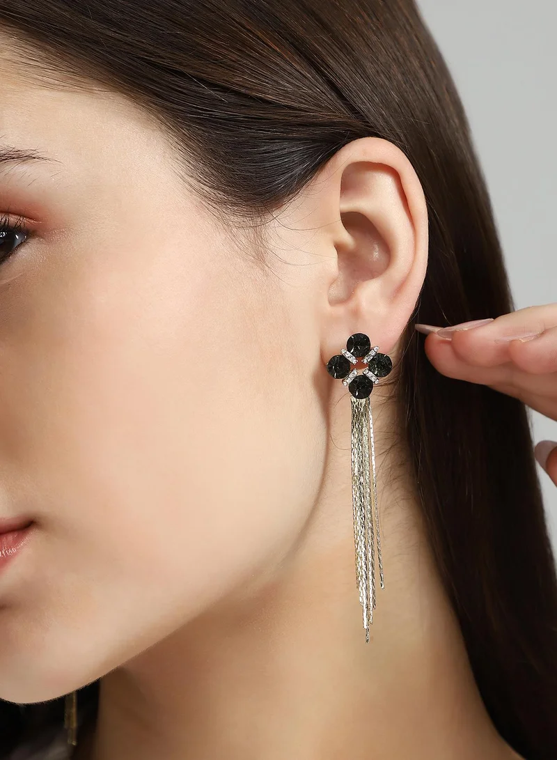 سوهي SOHI Women's The Flora-Chain Drop Earrings For Evening Wear | Onyx Black Colour | Alloy Material | Push Back Closure | Artificial Stone Earrings | Drop Earrings For Women & Girls