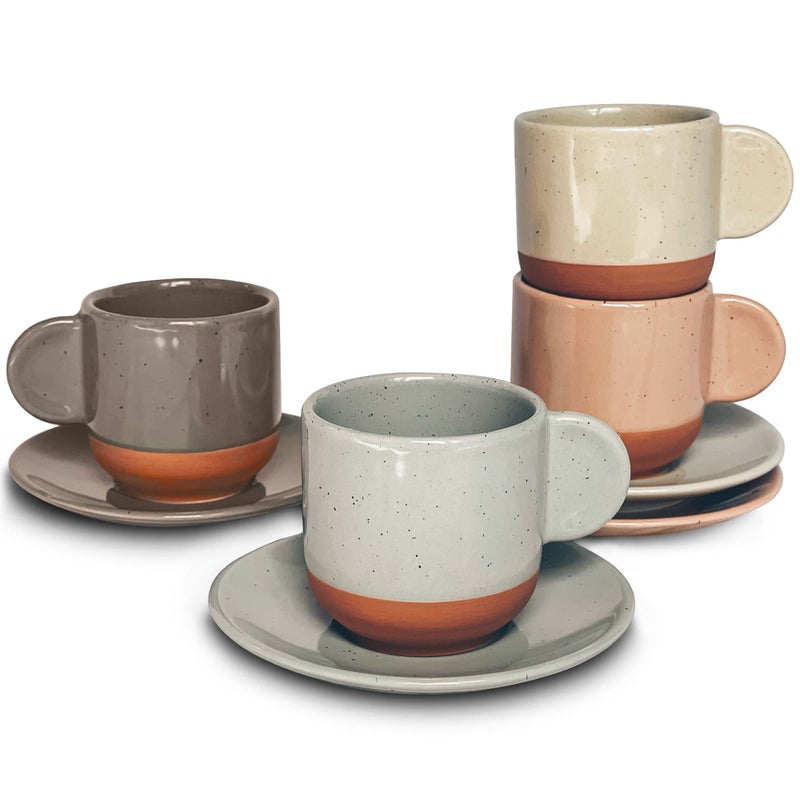 Mora Ceramic Mini Espresso Cups Set of 4 3oz  Tiny Italian Inspired Mugs With Saucers For Small Shots of Coffee  Modern Boho Style For Any Kitchen or Cafe Microwave Safe Porcelain  Asstd Neutrals