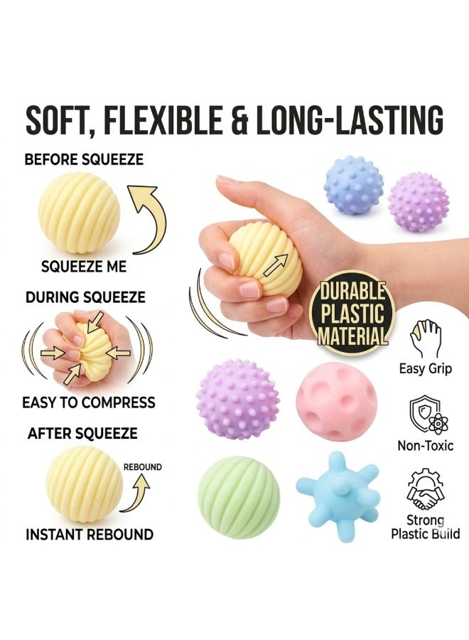 طلال مجموعة من 6 كرات بلاستيكية ناعمة لتخفيف التوتر - كرات تدليك حسية ذات ملمس مميز لعلاج اليدين، وتخفيف القلق، وتقوية قبضة اليد، ولعبة استرخاء للأطفال والكبار - متعددة الألوان - Image 5