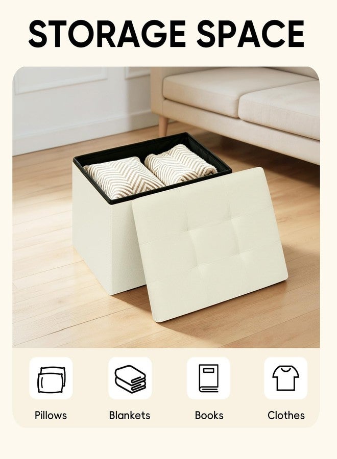 PINPLUS Button Tufted Folding Linen Storage Ottoman 16.5", 36L Collapsible Storage Cube with Lid, Supports 250 lbs, Fabric Foot Rest Ottoman for Living Room, Bedroom, Entryway,Cream White - Image 2