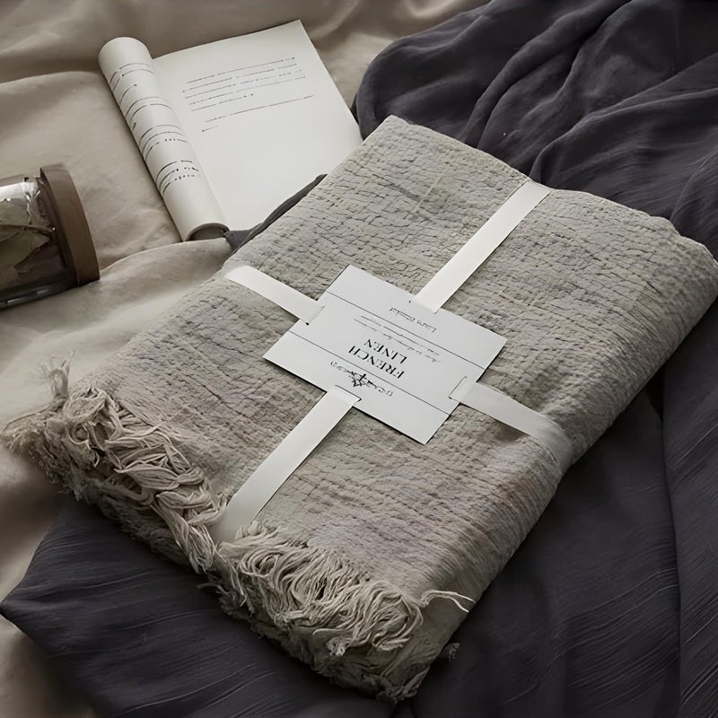 MINUPWELL 100% Pure Linen Blanket,100% Natural Flax Linen Throw Blanket, 79"x63" French Linen Fabric,Soft,Breathable and Skin-Friendly Bed Blanket - Linen Color - Image 1