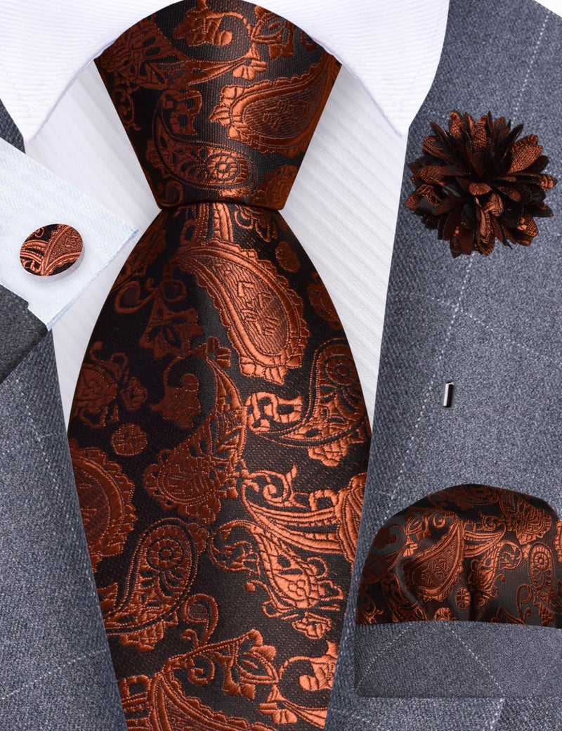 GUSLESON Rust Mens Paisley Wedding Necktie Pocket Square Cufflinks and Lapel Pin Brooch Set (IN6105-34) - Image 2