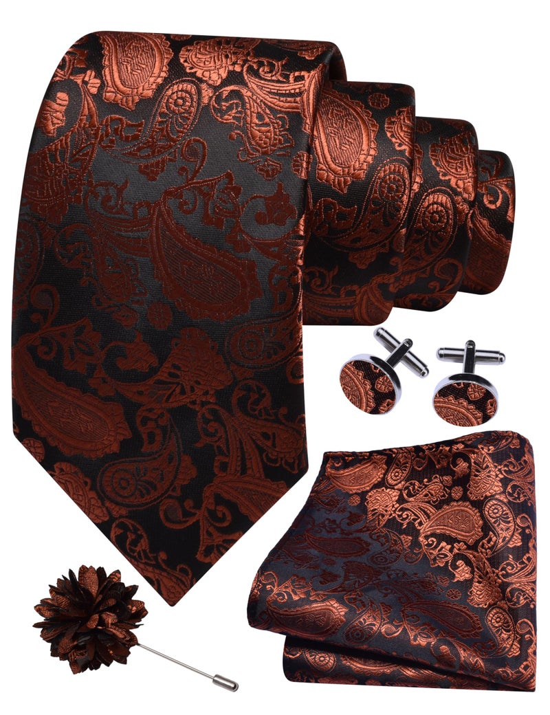 GUSLESON Rust Mens Paisley Wedding Necktie Pocket Square Cufflinks and Lapel Pin Brooch Set (IN6105-34) - Image 1