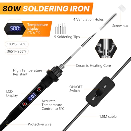 Serplex® 12-in-1 Soldering Iron Tool Kit 80W Fast Heat up LCD Soldering Gun Welding Tools with ON/OFF Switch, 180-500°C Adjustable Temp Range, Includes Tips, Desoldering Pump, Stand, Tweezers - Image 2