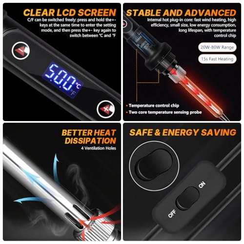 Serplex® 12-in-1 Soldering Iron Tool Kit 80W Fast Heat up LCD Soldering Gun Welding Tools with ON/OFF Switch, 180-500°C Adjustable Temp Range, Includes Tips, Desoldering Pump, Stand, Tweezers - Image 4