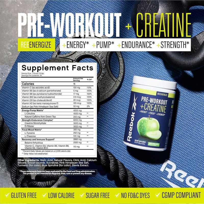 Reebok مسحوق ريبوك قبل التمرين 200 ملغ كافيين طبيعي 3 غ كرياتين مونوهيدرات 4 غ سيترولين قوة تركيز ضخ معتمد من InformedSport ReeEnergize تفاح أخضر حامض - Image 4