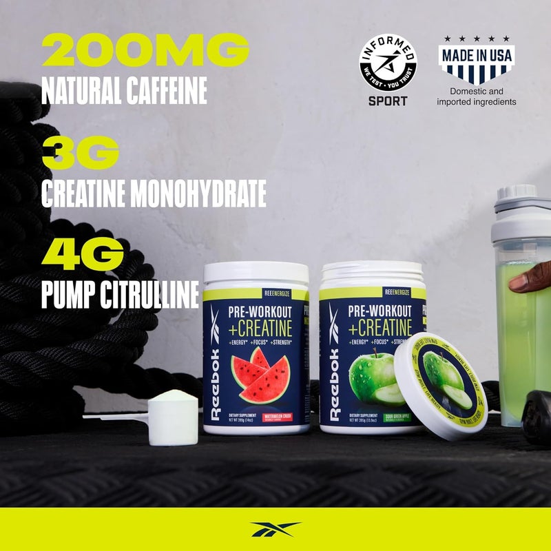 Reebok مسحوق ريبوك قبل التمرين 200 ملغ كافيين طبيعي 3 غ كرياتين مونوهيدرات 4 غ سيترولين قوة تركيز ضخ معتمد من InformedSport ReeEnergize تفاح أخضر حامض - Image 2