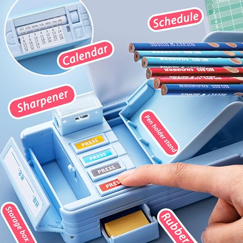 Ristpal Pop Up Multifunction Pencil Case with Pencil and Eraser, Cute Cartoon Pen Box Organizer Stationery, Sharpener, Schedule, Best Birthday Gifts for Kids Teens(Light blue) - Image 2