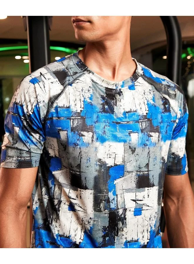 CAHOOT  Men's Royal Blue & Moon Grey Abstract Activewear T-Shirt for Men | Best Price UAE