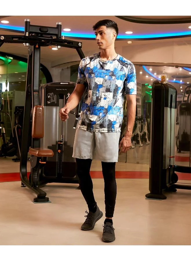 Campus Sutra CS Life Men's Royal Blue & Moon Grey Abstract Activewear T-Shirt For Casual Wear | Crew Neck | Short Sleeve | Anti-Odor | Dri-Fit | Jersey T-Shirt Crafted With Comfort Fit & High-Performance