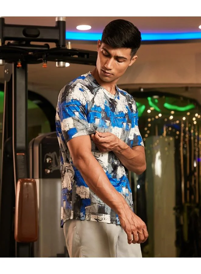 CAHOOT  Men's Royal Blue & Moon Grey Abstract Activewear T-Shirt for Men | Best Price UAE