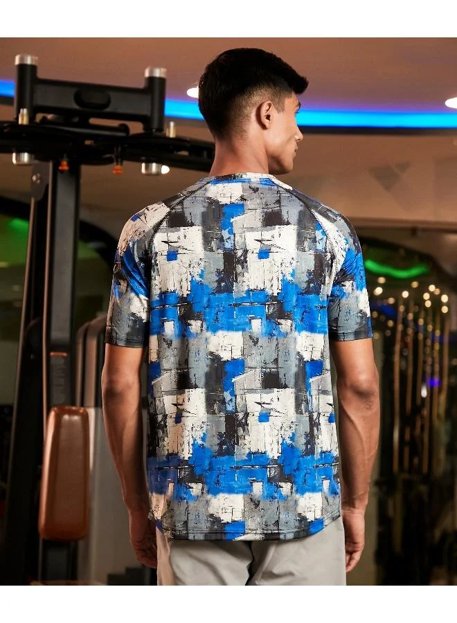 CAHOOT  Men's Royal Blue & Moon Grey Abstract Activewear T-Shirt for Men | Best Price UAE