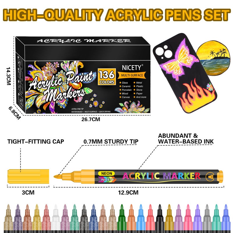 NICETY 136 Colors Acrylic Paint Pens Paint Markers, Extra Fine Tip Point Acrylic Paint Pens for Rock Painting, Canvas, Wood, Ceramic, Glass, Stone, Fabric, DIY Crafts & Art Supplies - Image 4