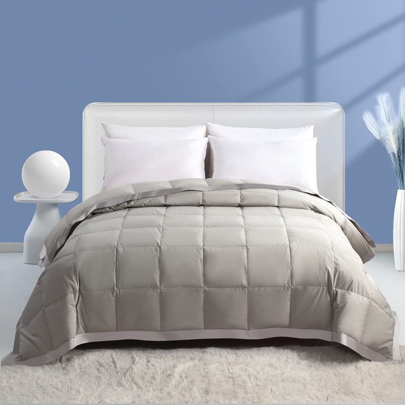 Dafinner Feather Down Fibers Blanket FullQueen Size Lightweight Summer Comforter Noiseless  Extra Soft Thin Bed Blanket with Satin Trim 90x90 Gray