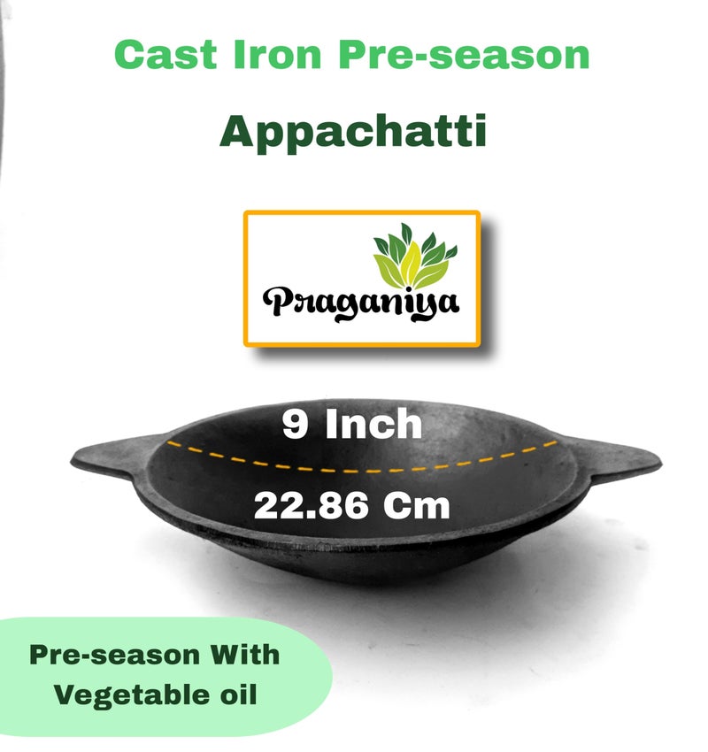 PRAGANIYA Cast Iron Appachatti/Appam Pan 9 Inch Pre-Seasoned Black - Image 2