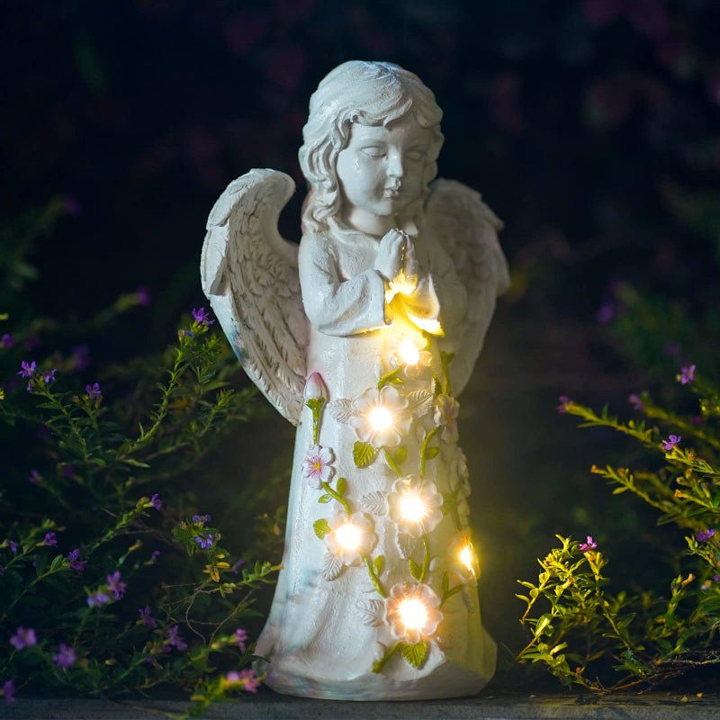 Nacome Garden Outdoor Statues Angel with Succulent and 7 LED Lights â€“ Lawn Decor for Patio, Balcony, Yard Ornament - Chrismtas Gifts for Mom Grandma - Image 1