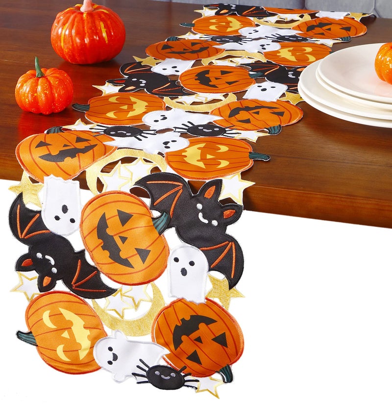 Holiday Halloween Table Runner 13x36 Cutwork Applique Embroidered Pumpkins and Bats Dresser Scarf for Home Dining Autumn Thanksgiving Tabletop Decoration