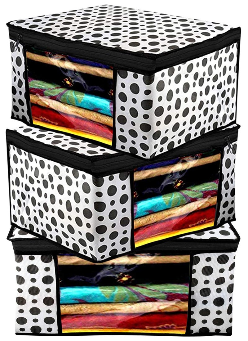 Kuber Industries Heart Home Polka Dots Printed 3 Pieces Non Woven Fabric Saree Cover/Clothes Organiser for Wardrobe Set with Transparent Window, Extra Large (Black & White)- HEART6986 - Image 1