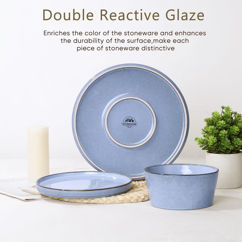 Herogo 18 Pieces Dinnerware Set for 6 Stoneware Dinner Plates and Bowls Sets Reactive Glaze Dishes for Kitchen Crack Resistant Microwave  Dishwasher Safe Haze Blue - Image 3