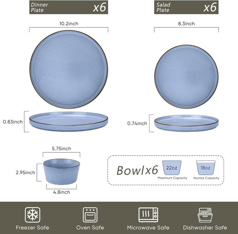 Herogo 18 Pieces Dinnerware Set for 6 Stoneware Dinner Plates and Bowls Sets Reactive Glaze Dishes for Kitchen Crack Resistant Microwave  Dishwasher Safe Haze Blue - Image 2