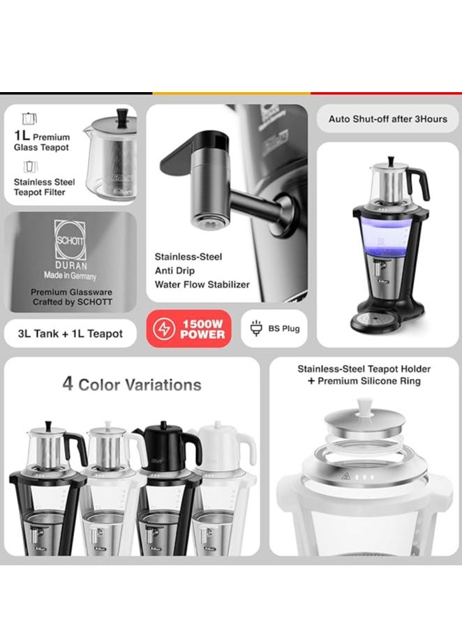 Feller - Feller Germany Electric Glass Samovar Teamaker,Made-in-Germany Glass by Schott,3L Samovar+1L Teapot,1500W,Stainless-Steel Anti-Drip Valve+Water Flow Stabilizer,TS380, (White) - Image 1