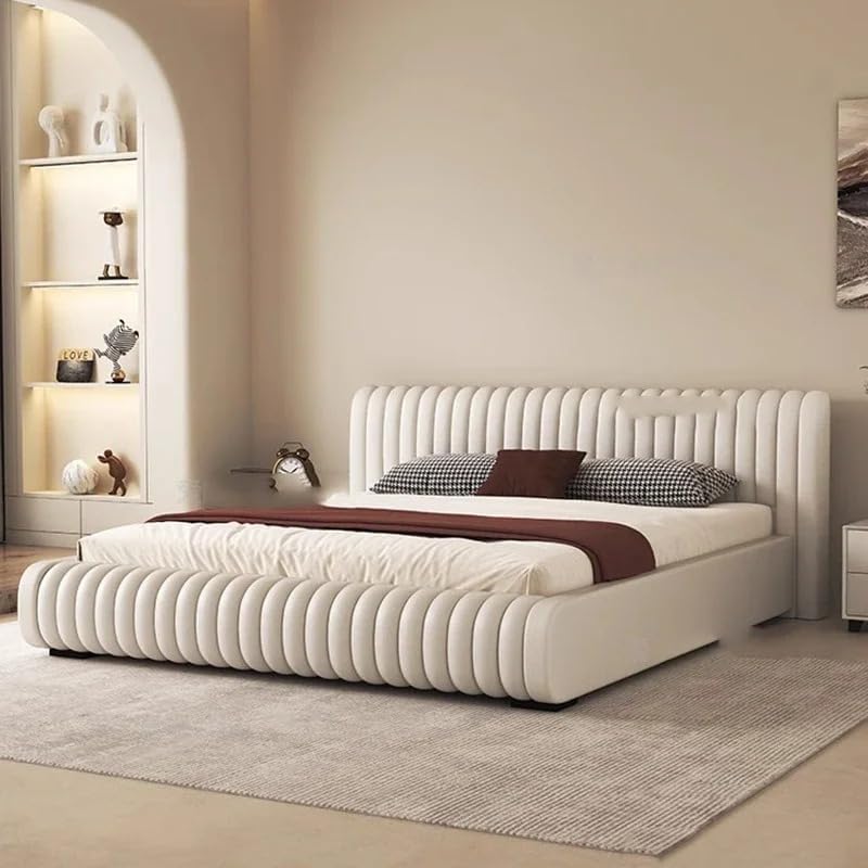 Poppins HOME Luxury Velvet Upholstered Bed Frame with Vertical Channel Headboard - Modern Designer Bed (Beige, 180x200cm)