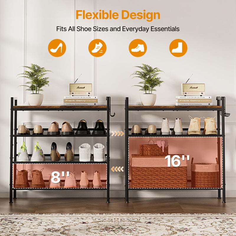 neatevday 4 Tier Shoe Rack, Shoe Rack for Front Door Entrance with Hook, Shoe Organizer with Adjustable Mesh Shelves, Metal Shoe Rack for Entryway, Closet, Bedroom Living Room Garage - Image 2
