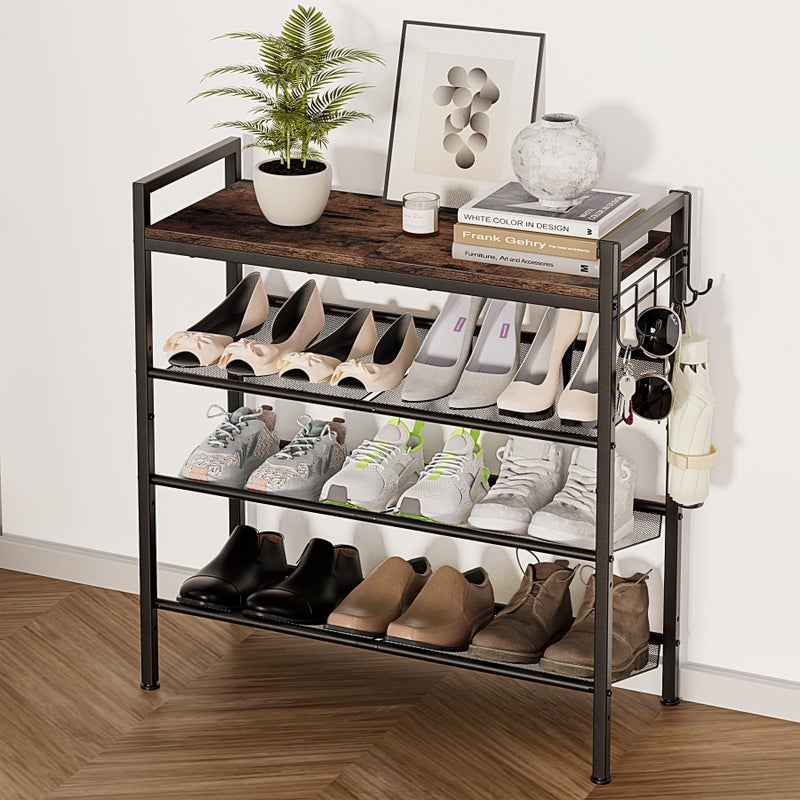 neatevday 4 Tier Shoe Rack, Shoe Rack for Front Door Entrance with Hook, Shoe Organizer with Adjustable Mesh Shelves, Metal Shoe Rack for Entryway, Closet, Bedroom Living Room Garage - Image 1