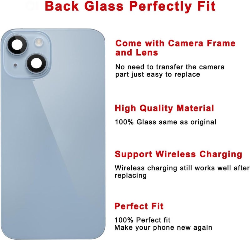 Perzework Rear Back Glass Replacement for iPhone 14 6.1-inches with Reparing Toolkit and All Necessary Parts (Blue) - Image 3