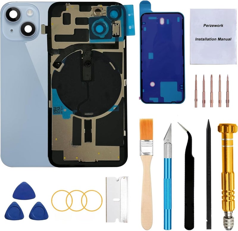 Perzework Rear Back Glass Replacement for iPhone 14 6.1-inches with Reparing Toolkit and All Necessary Parts (Blue) - Image 1