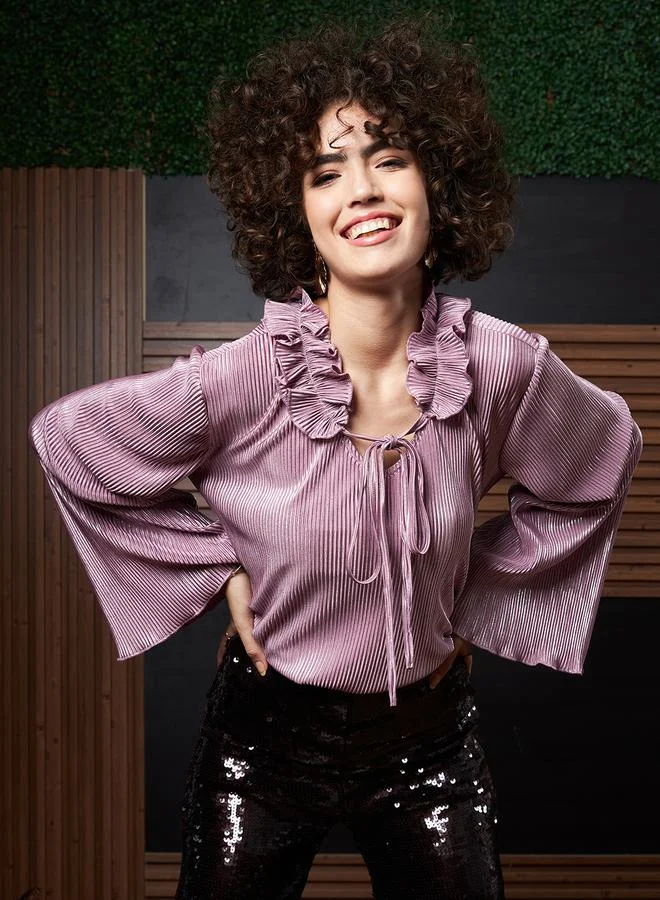أثينا Plisse Tie Up Neck Top with Bell Sleeves by Styli