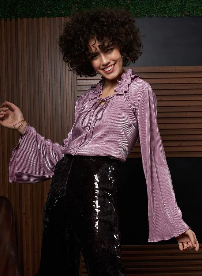 أثينا Plisse Tie Up Neck Top with Bell Sleeves by Styli
