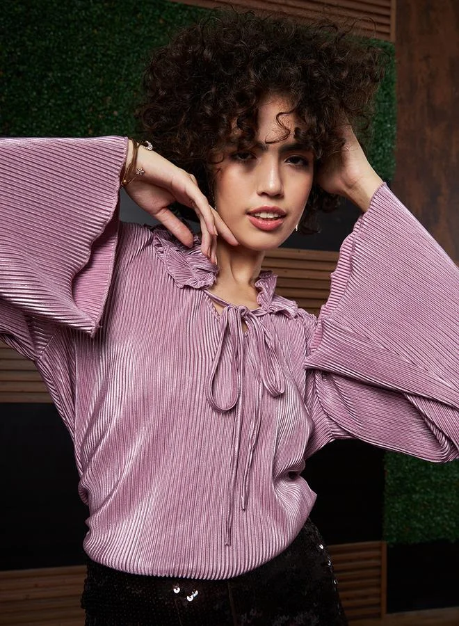 أثينا Plisse Tie Up Neck Top with Bell Sleeves by Styli