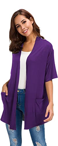 ADANIKI Womens Short Sleeve Open Front Lightweight Casual Comfy Long Line Drape Hem Soft Modal Cardigans Sweater with Two Pockets (Purple, L) - Image 5