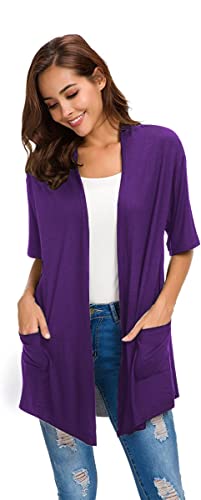 ADANIKI Womens Short Sleeve Open Front Lightweight Casual Comfy Long Line Drape Hem Soft Modal Cardigans Sweater with Two Pockets (Purple, L) - Image 2