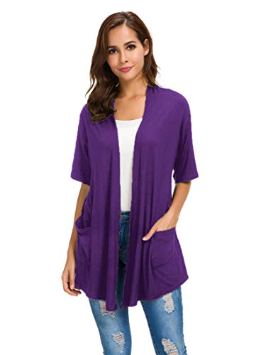 ADANIKI Womens Short Sleeve Open Front Lightweight Casual Comfy Long Line Drape Hem Soft Modal Cardigans Sweater with Two Pockets (Purple, L) - Image 1
