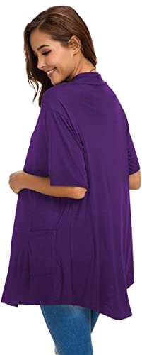 ADANIKI Womens Short Sleeve Open Front Lightweight Casual Comfy Long Line Drape Hem Soft Modal Cardigans Sweater with Two Pockets (Purple, L) - Image 4