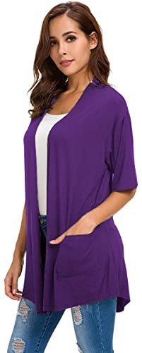 ADANIKI Womens Short Sleeve Open Front Lightweight Casual Comfy Long Line Drape Hem Soft Modal Cardigans Sweater with Two Pockets (Purple, L) - Image 3