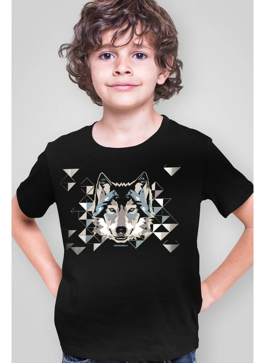 Rock&Roll Geometric Wolf Black Short Sleeve Girls Boys Unisex Children's T-Shirt