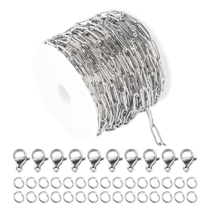 UMAOKANG 164 Feet Silver Jewelry Chain Stainless Steel 4mm Width Oval Paperclip Chain Link Cable Necklace Chains Bulk with Lobster Clasps and Jump Rings for Women Bracelet DIY Jewelry Making - Image 3
