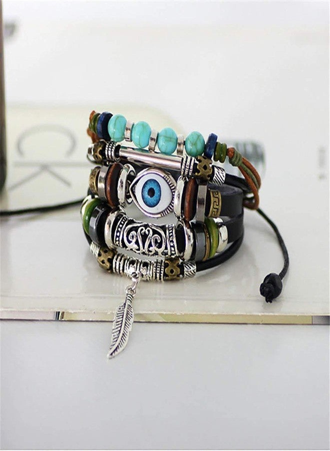 Vientiq Multi-Color Leather Wraparound Bracelet Blue Evil Eye for Men and Women - Image 4