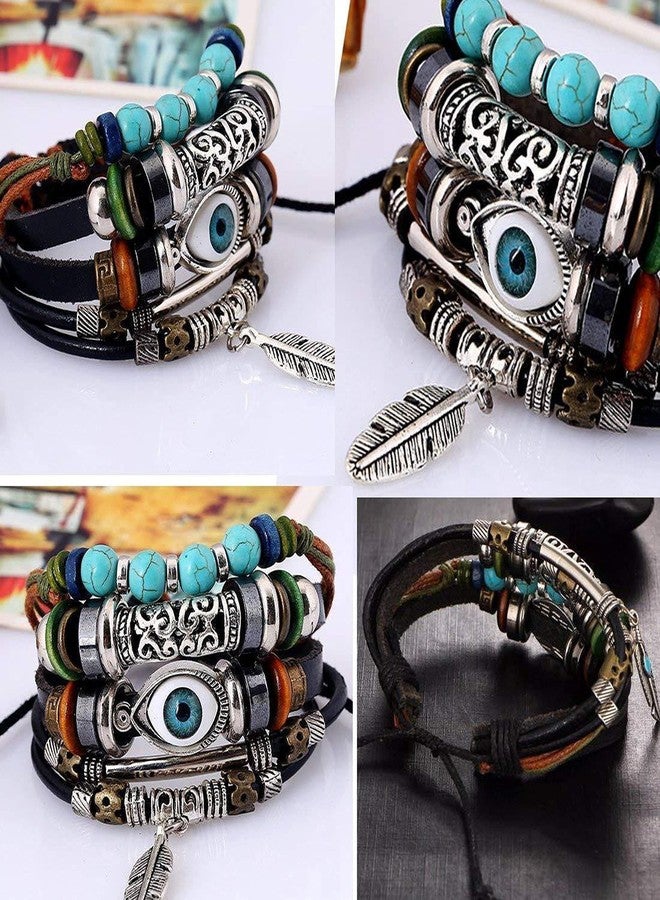 Vientiq Multi-Color Leather Wraparound Bracelet Blue Evil Eye for Men and Women - Image 5