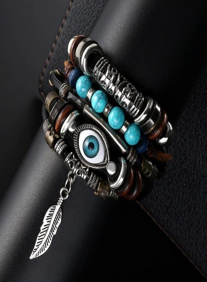 Vientiq Multi-Color Leather Wraparound Bracelet Blue Evil Eye for Men and Women - Image 3